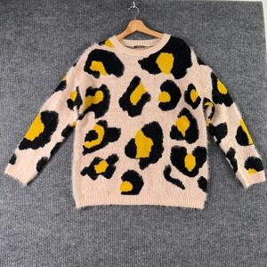 &Merci Womens M Pink Leopard Print Fuzzy Sweater‎ Y2K Soft Grunge Statement Knit